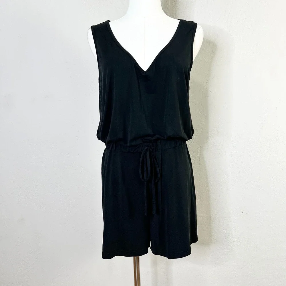 Lulus Romper Sun Charmer Black V Neck Sleeveless Drawstring Waist‎ Jumpsuit M